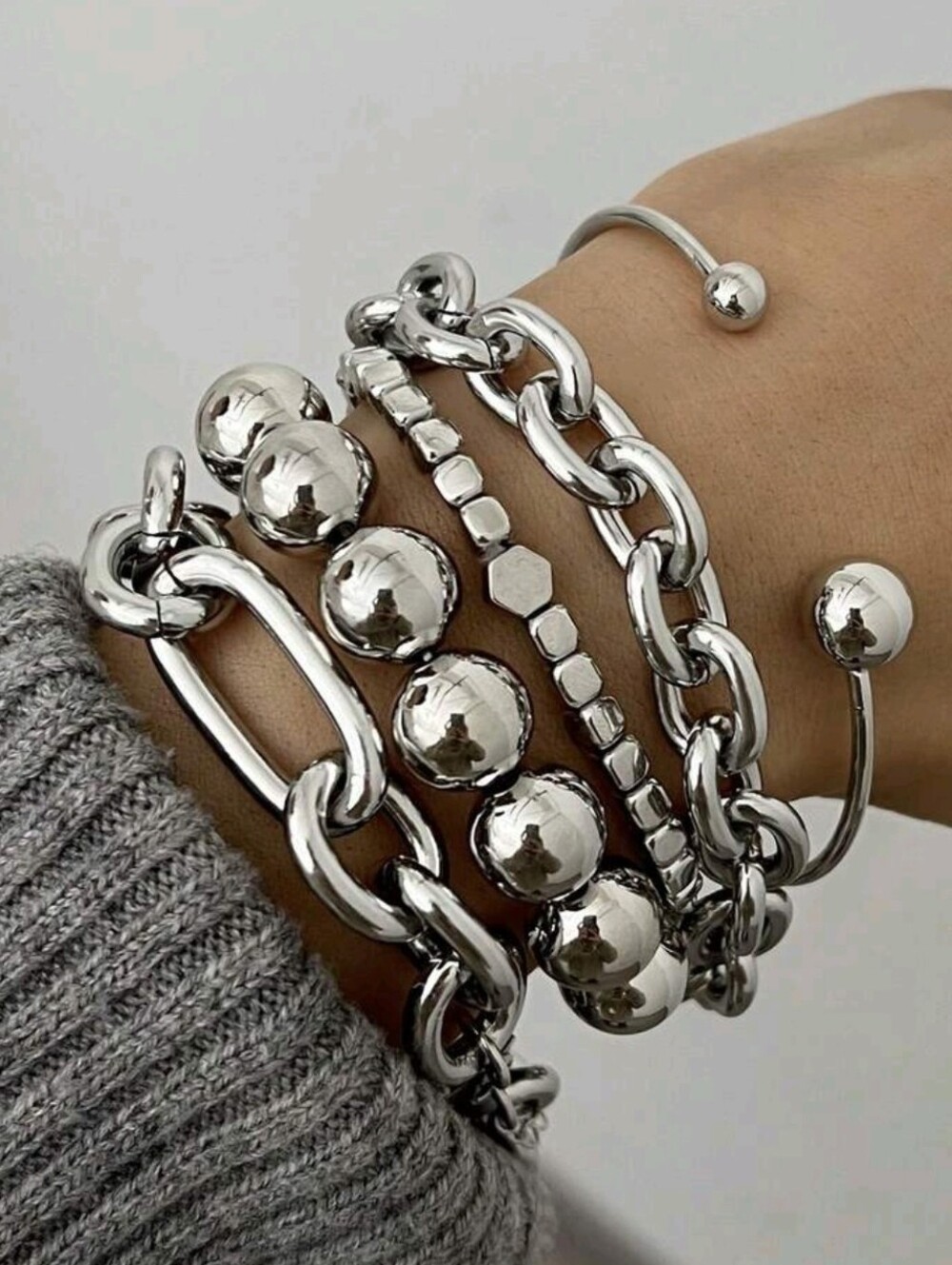 Silver Layered Chain & Bead Bracelet Set